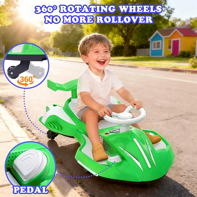 12V Electric Wiggle Car With Pedal, Ride On Car Toy For Kids From Ages 3 And Up, Birthday Gifts for Boys and Girls, Anti-Rollover, Flashing Wheels, Bluetooth, 140Lbs, Tailpipes jet effect(Green+White)