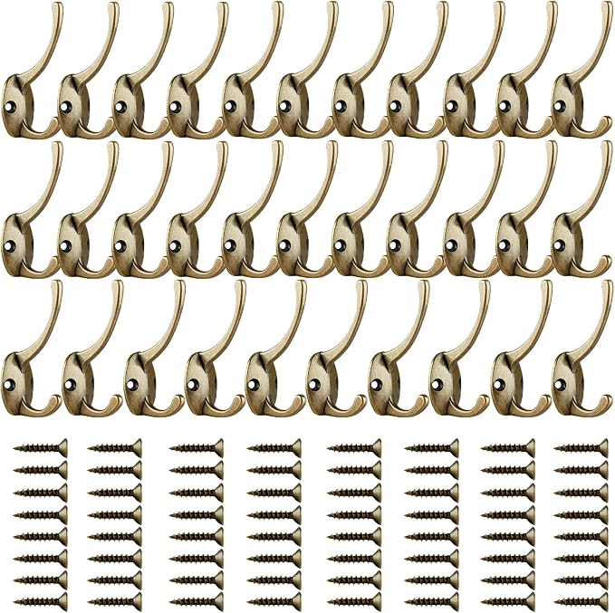 IBosins 32 Pack Antique Brass Double Coat Hooks Wall Mounted - Image 2