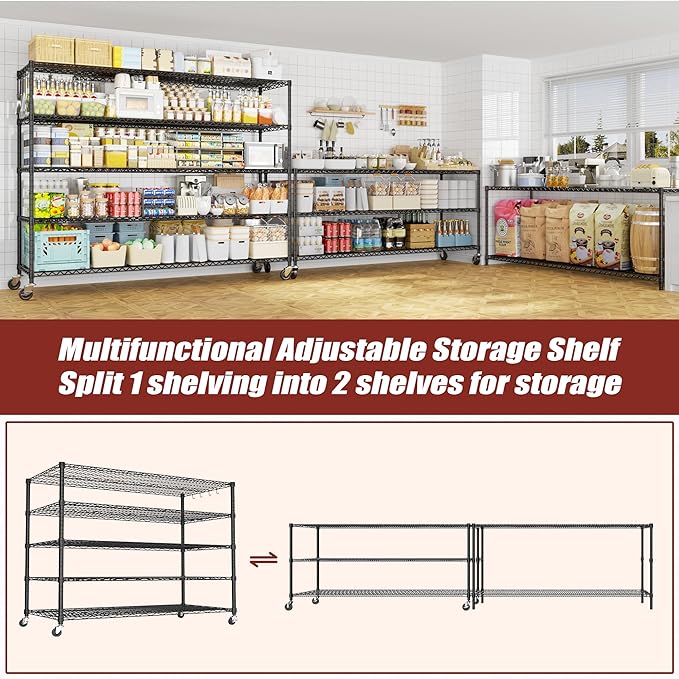 PrimeZone 5 Tier 80.7"H x 55.5"W x 24"D Wire Shelving with Wheels 3000lbs NSF Certified Storage Shelves Heavy Duty Metal Shelf Adjustable Rolling Rack Commercial Garage Restaurant Warehouse Kitchen
