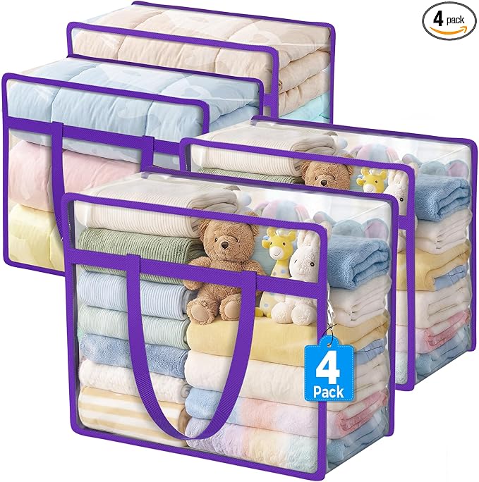 4 Pack Clear Storage Bags for Clothes, 45L Closet Organizers and Storage | by BuddingJoy-BuildaJoyfulLifeforYou