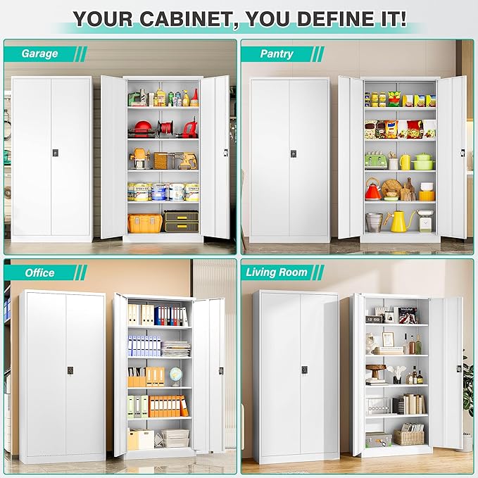 SISESOL Wide & Deep Metal Storage Storage Cabinet with Adjustable Shelves,White Metal Cabinet with Lock,Steel Pantry Cabinets,72" Lockable Cabinets for Home,Office,Garage,Kitchen,Shop