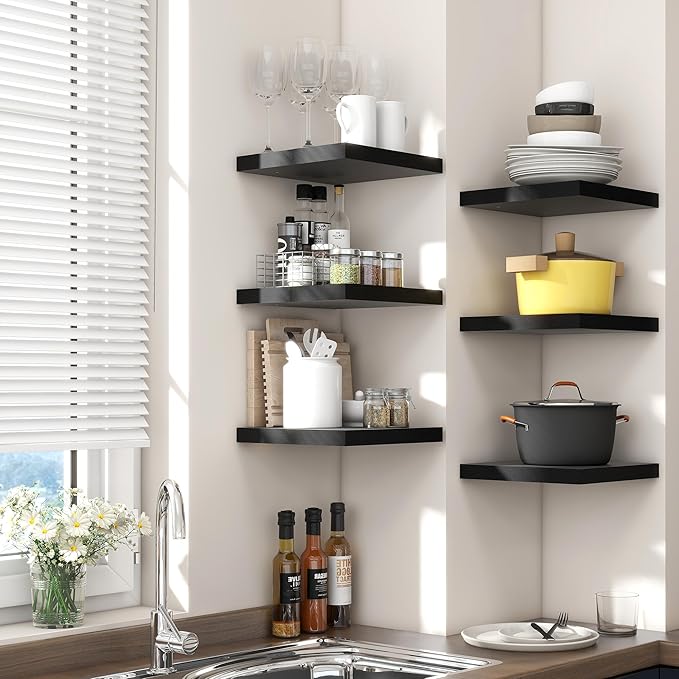 Square Floating Shelves for Wall 12"W x 12"D x 1.2"H, Small Engineered Wood Wall Shelves with Invisible Brackets for Living Room Bedroom Bathroom Office Kitchen Storage Decor, Black Finish, Set of 3
