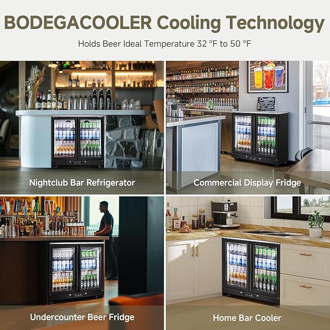BODEGACOOLER Back Bar Cooler with 2 Glass Doors,7.7 Cu.ft Commercial Back Bar Beverage Refrigerator Counter Height,LED Lighting for Soda Drinks,Beer,Wine Stainless Steel Top,DOE Approved,4 Casters