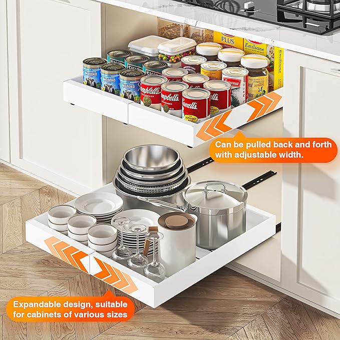 LEGUANG 2 Pack Expandable Pull-Out Cabinet Organizers (12.6-20.4" W x 21" D) - Upgraded 3 Quiet Slide Rails, Nano-Film Adhesive Fixing, White, Fit Kitchen/Living Room/Bathroom/Vanity