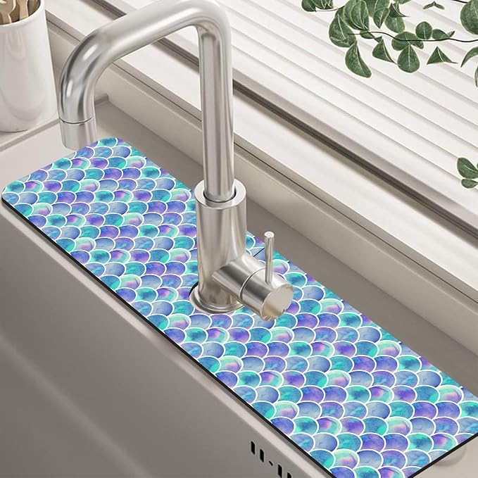 Watercolor Rainbow Scales Sink Faucet Absorbing Mat Sink Splash Guard Faucet by Unknown