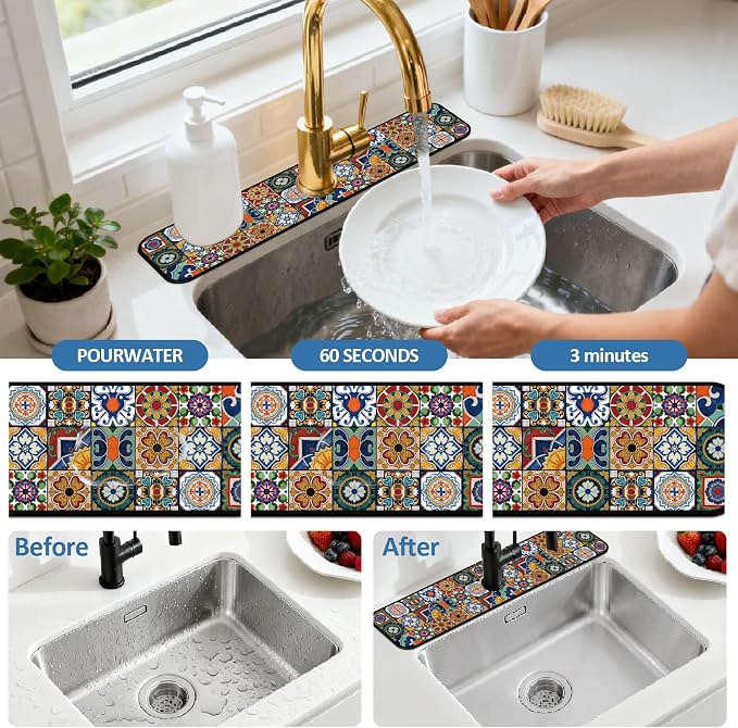 2 Pcs Kitchen Sink Splash Guard Faucet Mat Colored Bohemian Tiles Pattern - Image 5
