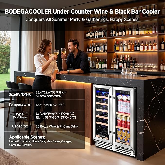 BODEGACOOLER Wine and Beverage Refrigerator, 24 Inch Under Counter Commercial Beverage Refrigerator, Large Capacity Back Bar Cooler With 2 Glass Doors,LED Lighting for Beer,Soda,Wine,4.1 Cu.Ft.,Black.