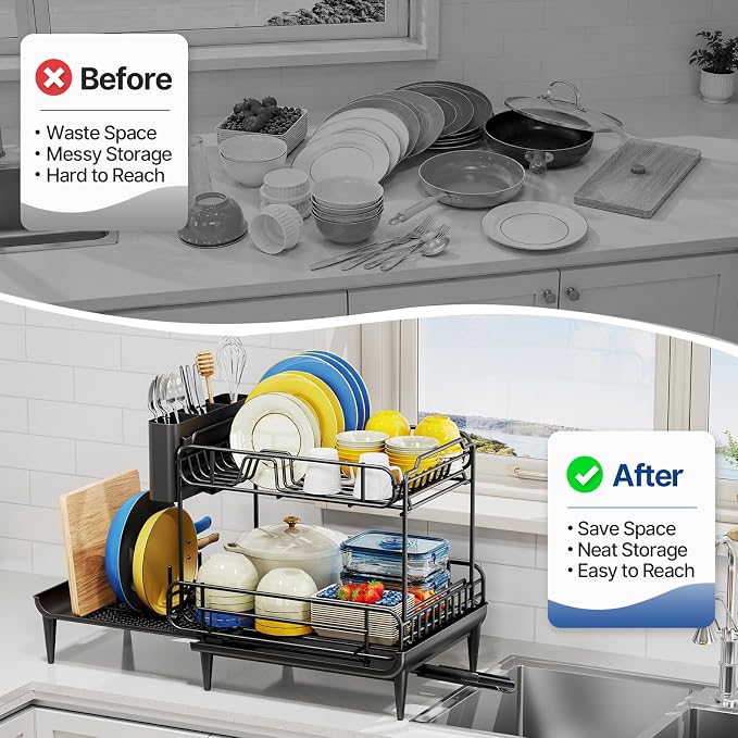 Urackify Dish Drying Rack for Kitchen Counter, Expandable 2 Tier Dish Rack - Image 8