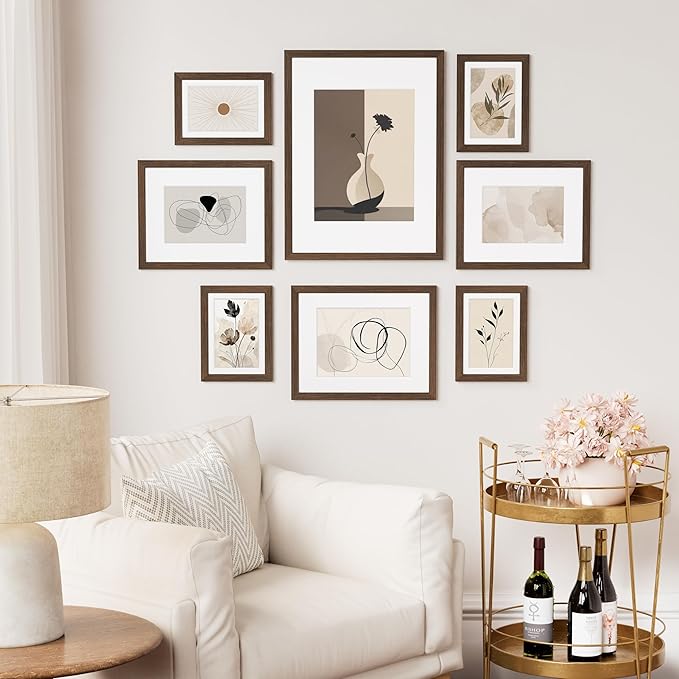 Vittanly 8x10 Picture Frame Set of 2, Solid Wood Frame for Wall or Tabletop, Display Photo 5x7 with Mat or 8x10 without Mat, Brown