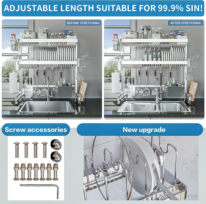 Over The Sink Dish Drying Rack,3 Tier Adjustable Length Full Stainless Steel Large Storage Kitchen Dish Rack,for Kitchen Counter Expandable Multifunctional Organizers,Silver (25.98-37.6")