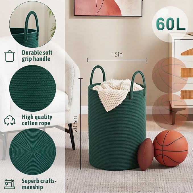 Artfeel Laundry Basket, Woven Cotton Rope Laundry Hamper, 60L - Image 6