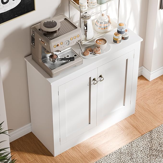Cozy Castle Buffet Cabinet with Storage - Kitchen Storage Cabinet Wood Console Table Coffee Bar Accent Cabinets for Living Room Dining Room Entryway White 31.5" W