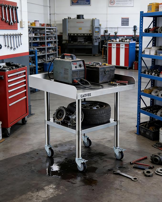 Garvee Stainless Steel Work Table, 30x30x26 Inch Commercial Food Prep Worktable with Wheels, Fixed 3-Sided Backsplash & Height-Adjustable Shelf, Heavy Duty Workbench for Kitchen Restaurant Garage