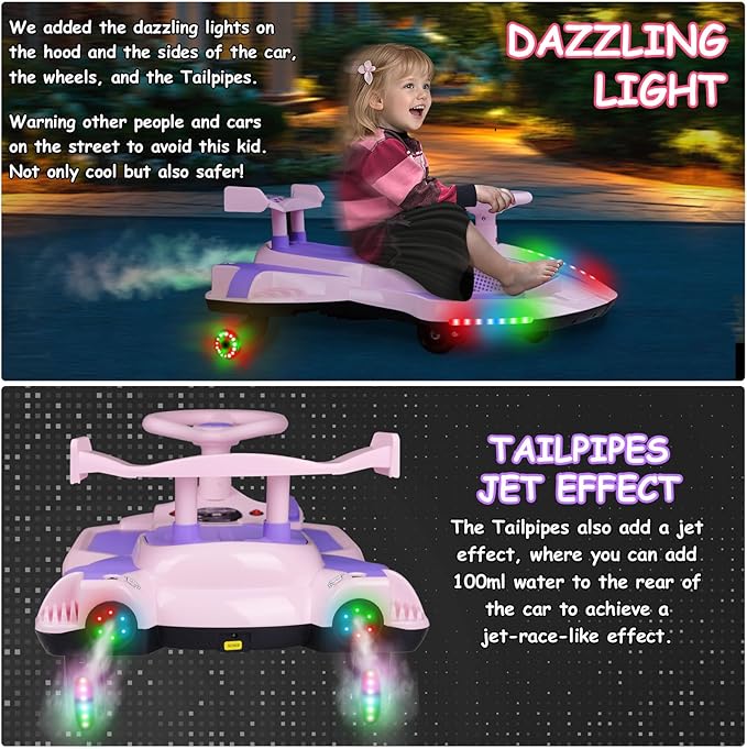 12V Electric Wiggle Car Ride On Toy, Swing Car with Pedal, for Kids 37-95 Months, Anti-Rollover, Flashing Wheels, Bluetooth, Tailpipes Jet Birthday Gifts for Boys and Girls(Pink+Violet)