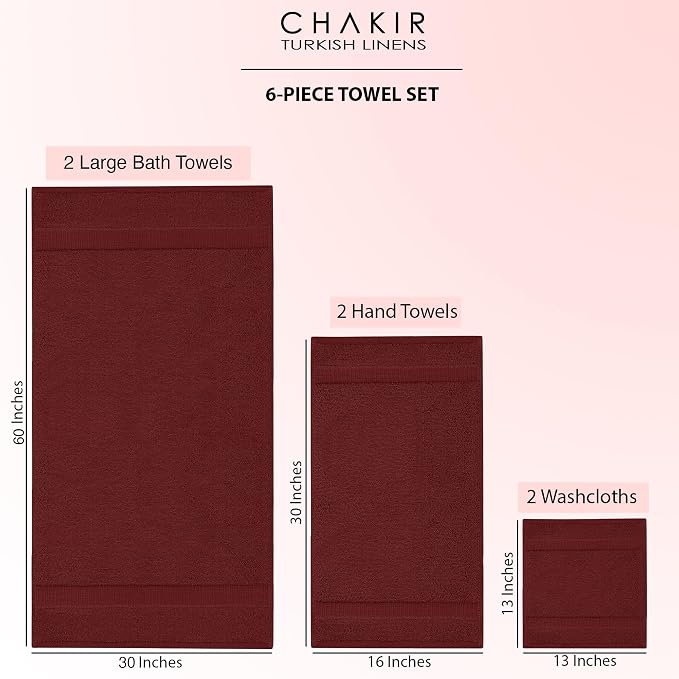 Chakir Turkish Linens 100% Cotton 6-Piece Towel Set, Cranberry | Premium Cotton - Image 6