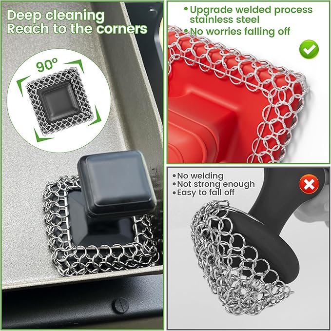 TOPULORS Cast Iron Scrubber Cleaner & 316L Stainless Steel Chainmail Scrubber with 2 Scrapers, Ergonomic Silicone Handle Brush for Pans Skillets Grills Dishes Cleaning - Non-Scratch Rust-Proof - Red