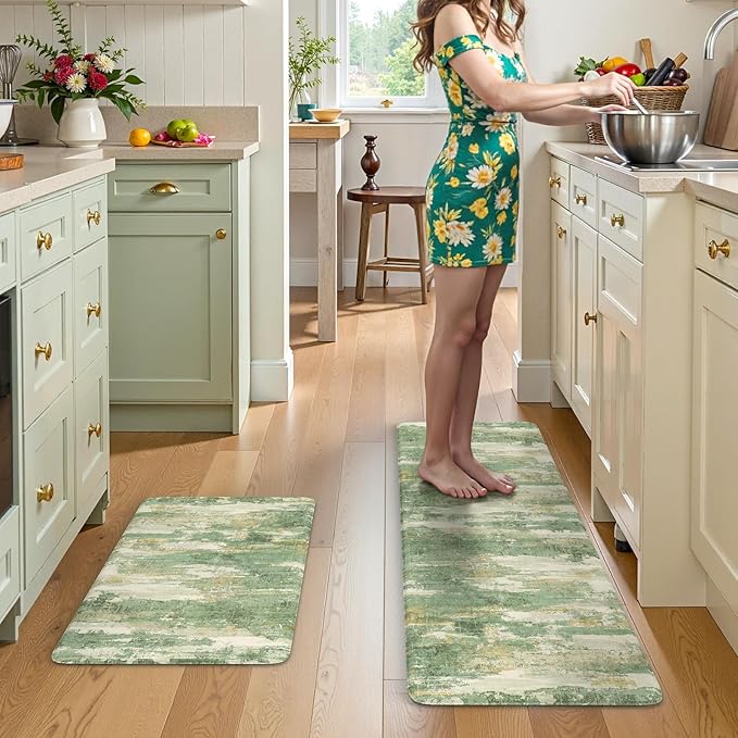 Collive Anti Fatigue Mats for Kitchens Floor, Abstract Non Skid Kitchen Rugs Sets of 2 Green Modern Standing Mat, Foam Cushioned Comfort Carpet for Office, Sink, Home Decor, 17"x59"+17"x29"