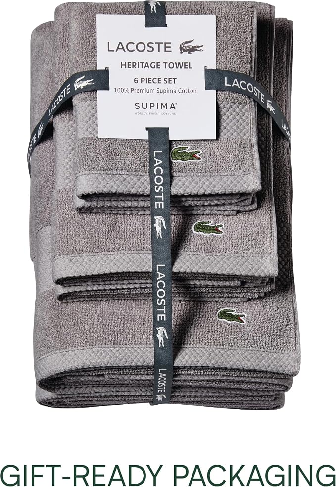 Lacoste Heritage Supima Cotton 6-Piece Towel Set, Meteorite | Highly Absorbent - Image 4