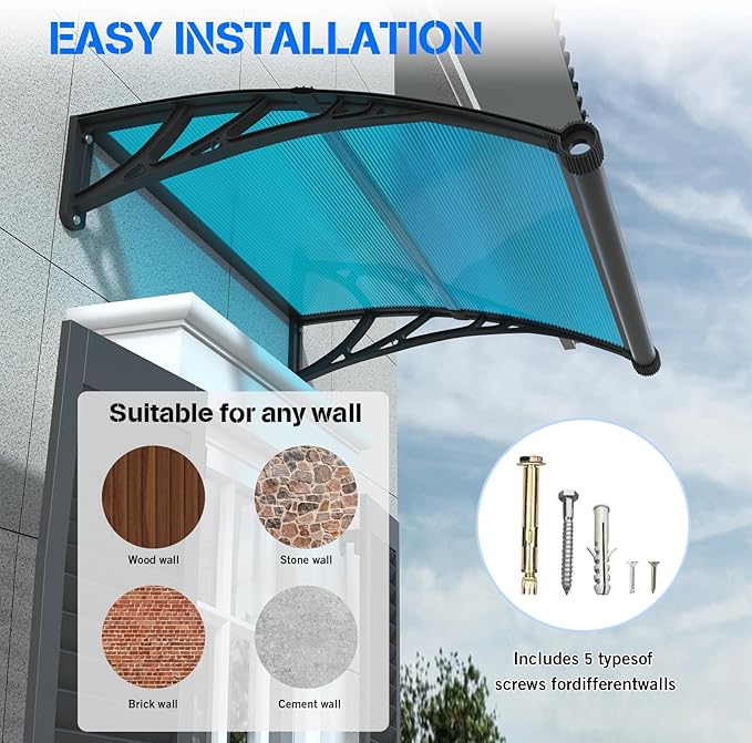 Awning for Door Entrance with Drainage Sink,32x48 Inch Awnings for Doors,Window Canopy Exterior with Plastic Steel Bracket,Polycarbonate Cover,UV,Rain,Snow Protection for House,Porch,Patio,Deck