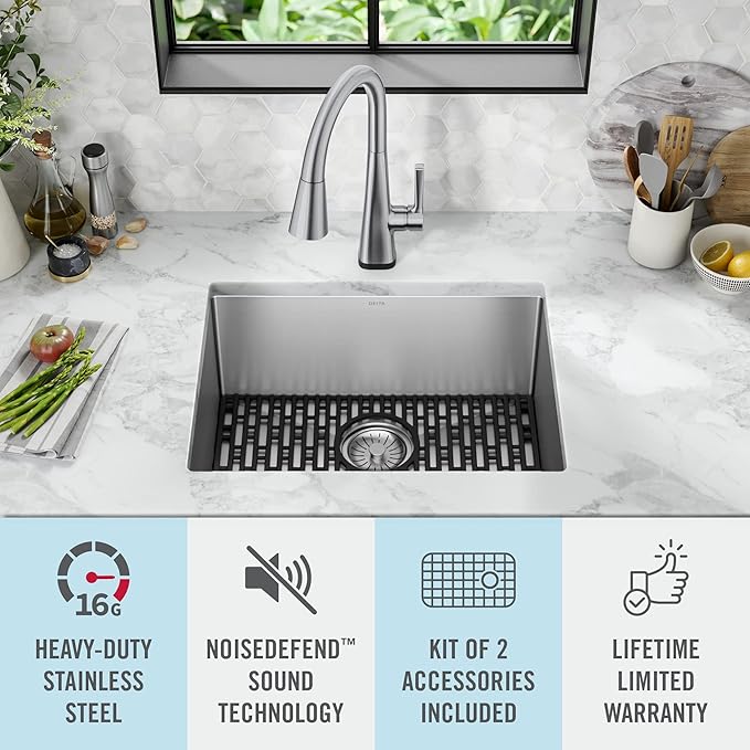 DELTA FAUCET Delta Lenta 23-inch Undermount 16 Gauge Stainless Steel Single Bowl Kitchen Sink with Accessories, 953034-23S-SS, Satin
