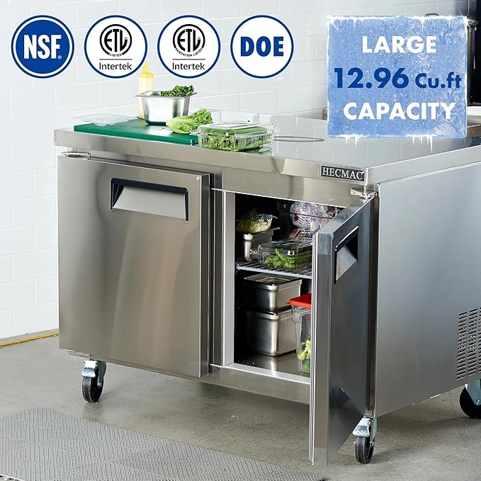 HECMAC 48" Commercial Refrigerator, 12.96 Cu.ft Worktop Undercounter Fridge with 2 Solid Door, 33~40℉, 18-8 Stainless Steel Interior, ETL&NSF/ANSI 7 for Restaurant, Bar, Shop, Kitchen Use