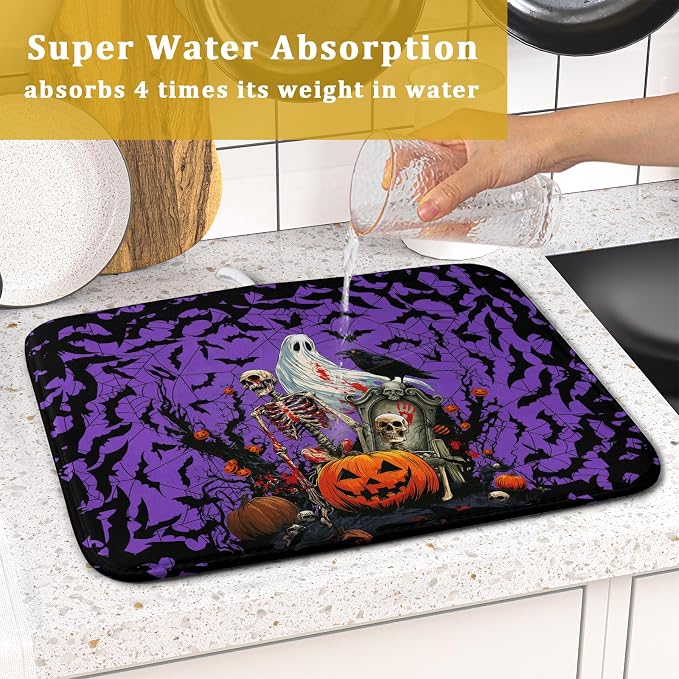 Giwawa Halloween Pumpkin Dish Drying Mat 16x18 inch Spooky Ghost Bat Dish Rack - Image 7