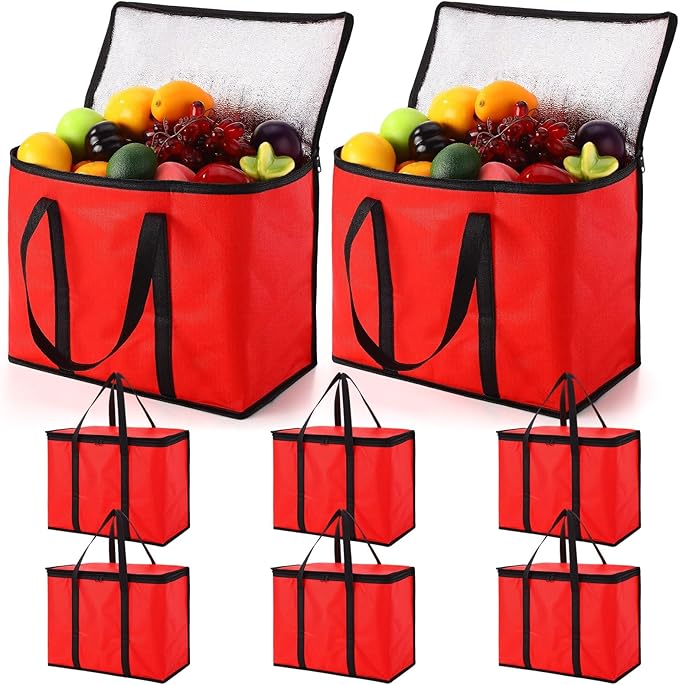 Kenning 8 Pcs Large Insulated Reusable Grocery Bags with Sturdy Zipper and Handles Foldable Washable Cooler Totes Heavy Duty Hot or Cold Food Delivery Bag for Food Transport Travel Lunch (Red Black)