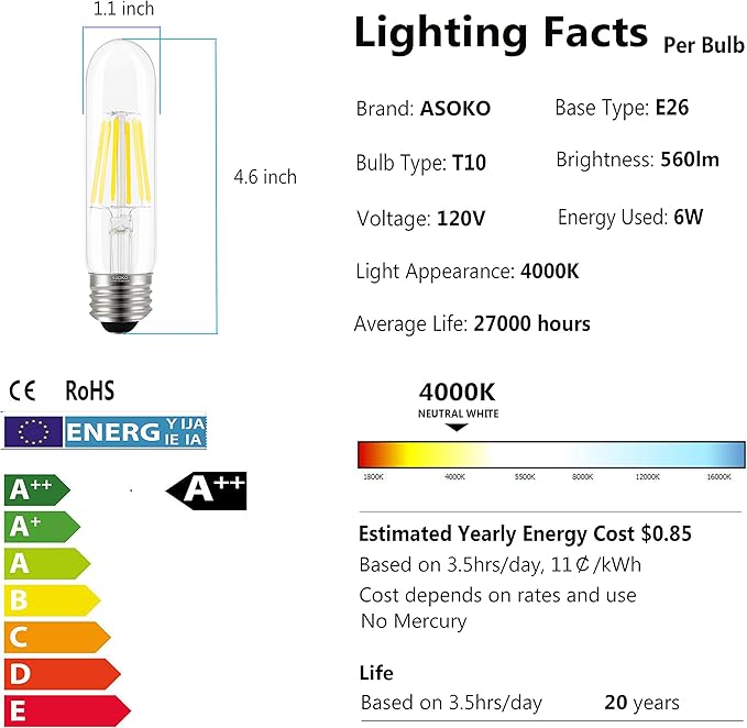 ASOKO E26 T10 Bulbs Daylight White 6W, Dimmable T10 Edison Bulb 60 watts 4000K, E26 Base LED Tubular Light Bulbs, Tube Vintage LED Edison Bulb for Desk Lamp, Pendant Lights, Home (3 Pack)