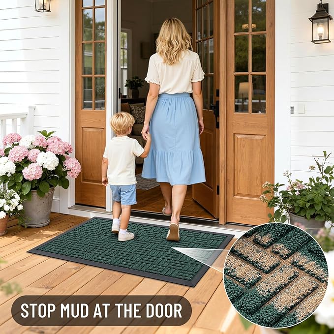 OLANLY Front Door Mat Outside Entrance 29.5x17, Absorbent, Heavy Duty Sturdy Natural Rubber Doormat Indoor Outdoor, Non-Slip, Stain and Fade Resistant, Low Profile Floor Mat for Entryway, Black Green