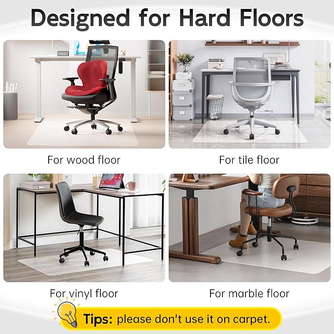 Office Chair Mat for Hardwood Floor, 60" x 36" Clear Computer/Desk Chair Mat for Hard Floor, Thicker, Easy Glide, Non-Slip, Protects Hard Surfaces from Scratches, Ideal for Home or Office