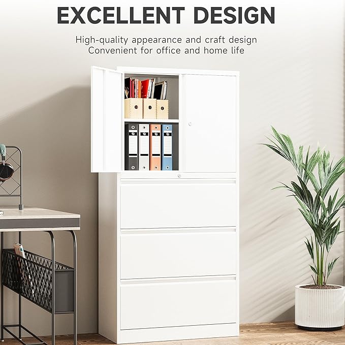 SISESOL 3 Drawer Lateral File Cabinet with Lock and Shelf,White Metal Filling Cabinet with Drawers and Shelf, Locking File Storage Cabinets with Doors and Shelves for Home,Office,Garage,School