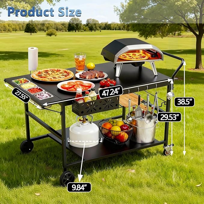 Pizza Oven Stand Table with Propane Storage, Outdoor Grill Carts with Wheels, Use for Outdoor Cooking BBQ, Fits Blackstone Griddle, Metal Black Large Size 47 * 27.5 Inch.