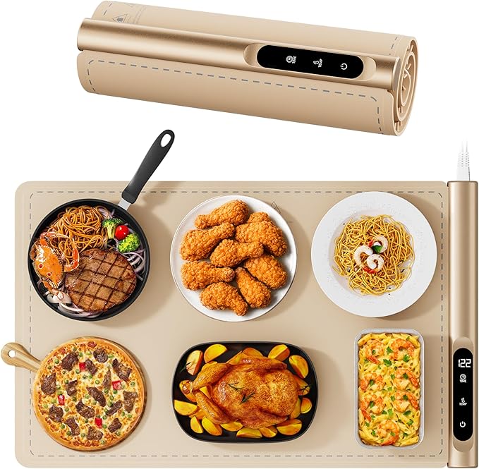 Graphene Food Warming Mat - Rapid Heating with 6 Temp & Timer, Portable Electric Warming Tray for Party Buffet Countertop, Family Meals, Beige