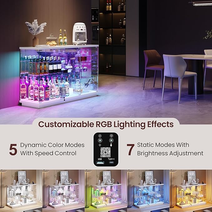 Lvifur RGB Glass Display Cabinet - with Lock, High Gloss Sideboard with Human Body Sensor & Glass Shelves for Toys, Books, Collectibles, Liquor, Bookcase for Living Room, Kitchen, Study, White