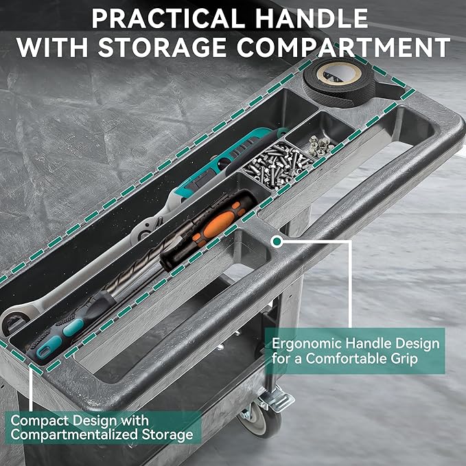 YITAHOME Utility Cart on Wheels, 550 lbs 2 Shelf Heavy Duty Rolling Carts, 45 x 25 in Plastic Service Cart Work Carts with Wheels for Warehouse Garage School & Office, Cleaning, Gray