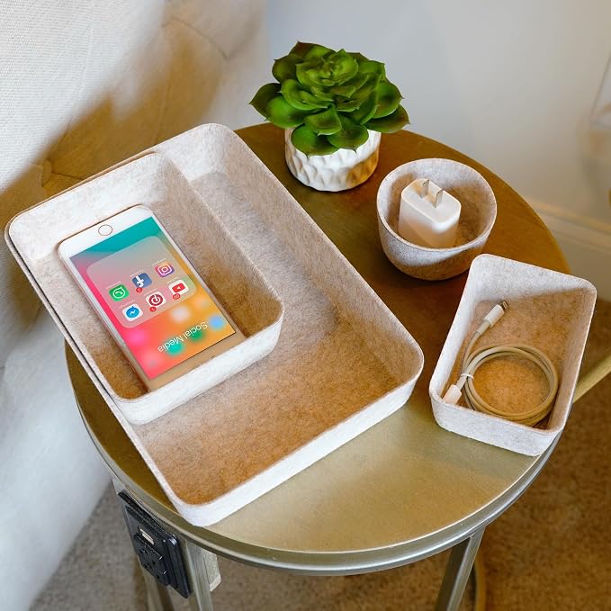 Welaxy 7pc Scandinavian Felt Desk Drawer Organizer Oatmeal Catchall Tray | - Image 5