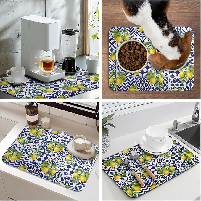 Lemon and Blue Tile Dish Drying Mat 18x24 Inch Absorbent Reversible Mexican - Image 9