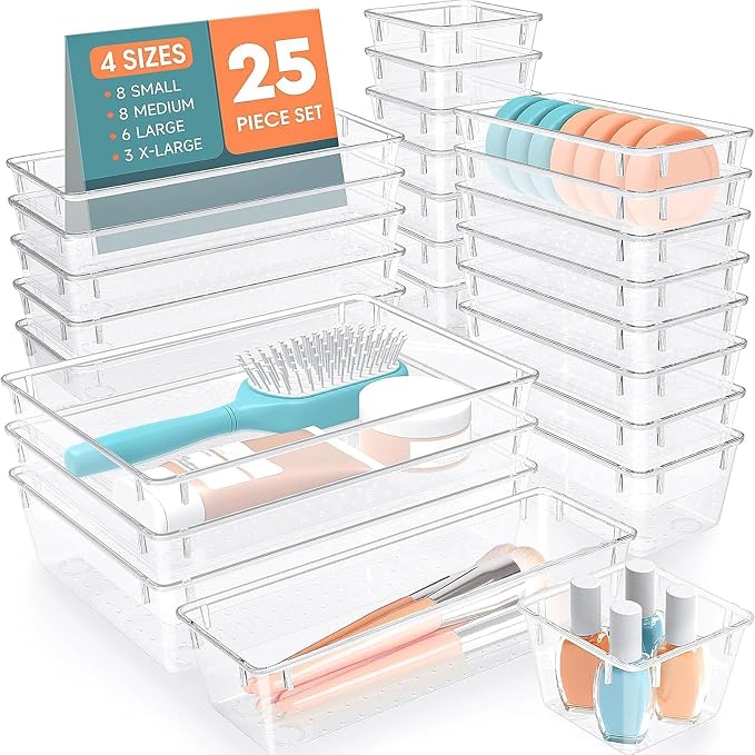 SpaceHacks 25 PCS Plastic Drawer Organizer, 4-Size Versatile Organizer Trays & by SpaceHacks