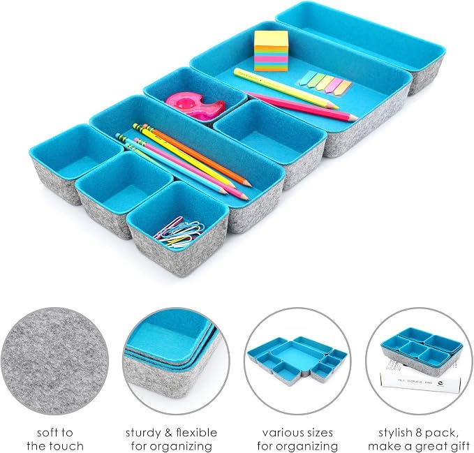 Minimalist Felt Desk Drawer Organizer 8pc Turquoise Storage Bins | Sustainable - Image 4