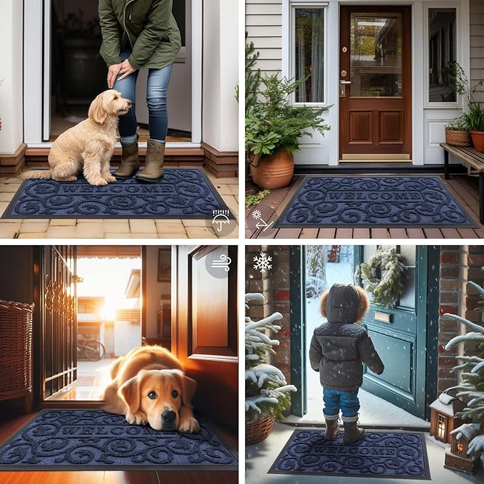 Smiry Welcome Door Mat Outside Entrance, Heavy Duty Trap Dirt and Moisture Easy Clean Low Profile Patio Porch Indoor Outdoor Front Doormat for Entry, 47x32 Inch, Navy Blue