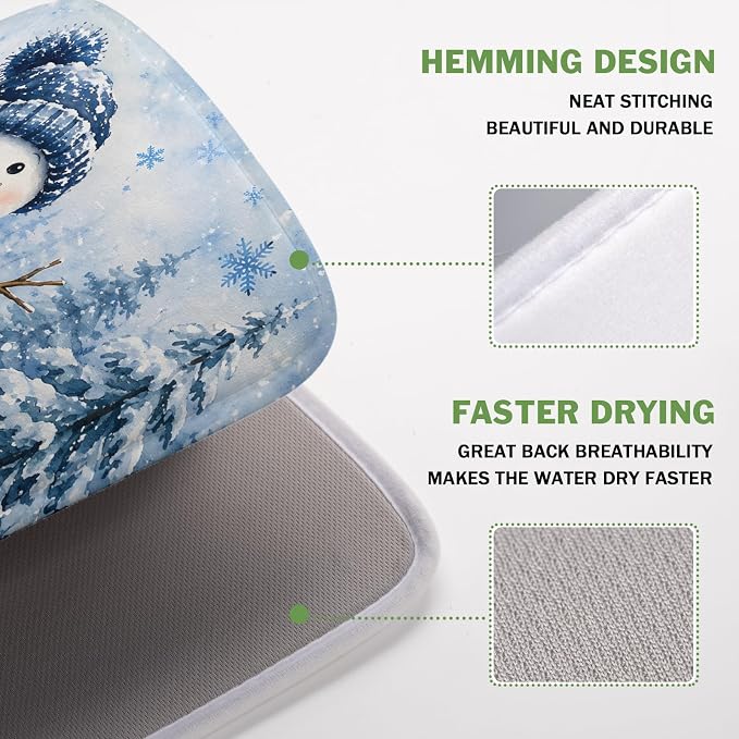 Kawani Winter Snowman Decorations Dish Drying Mat 16x18 Inch | Blue Snowman - Image 4