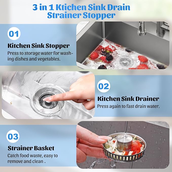 NinjaTiger 2-Pack Kitchen Sink Drain Strainers, 3-in-1 Sink Stoppers - Image 2