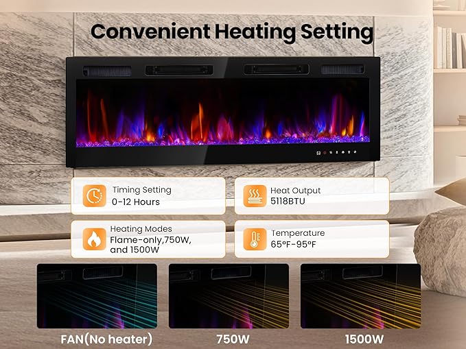70" Electric Fireplace Realsmart Wall Mounted and Recessed 1500W Fireplaces Heaters with Remote Control Slim Black Wall Fireplace Adjustable 12 Flame Colors&5 Brightness Cool Touch Screen Timer