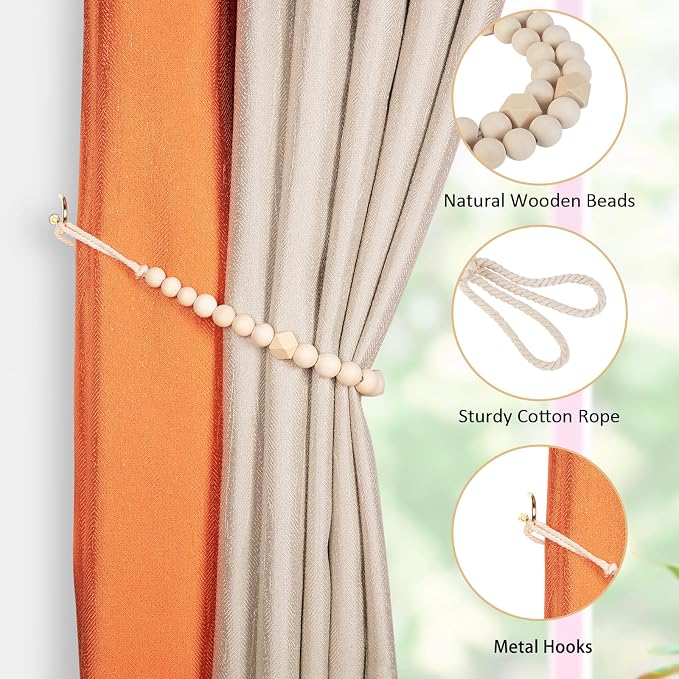 KLOGTSIND Wood Bead Curtain Tiebacks, 2 Pack Curtain Tie Backs - Image 4