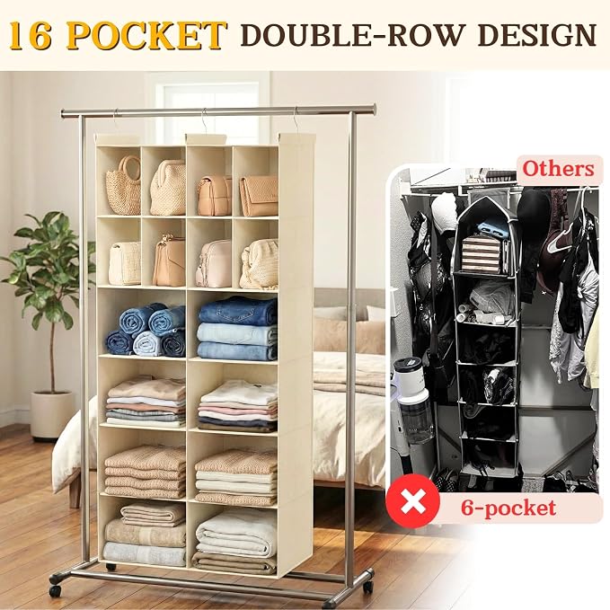 6 Tier Hanging Closet Organizer, 16 Compartments Dual Row Storage, 3 Sturdy - Image 4