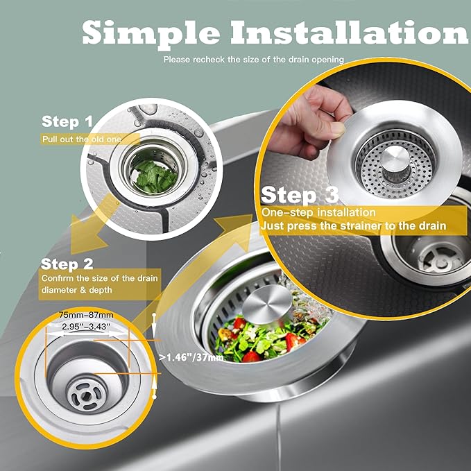 Sink Drain Strainer 3 in 1, 304 Stainless Steel Pop Up Sink Stopper, Anti-Clogging Sink Strainer, Kitchen Sink Strainer, Drain Cover and Kitchen Accessories for US Standard Sink(Silver)