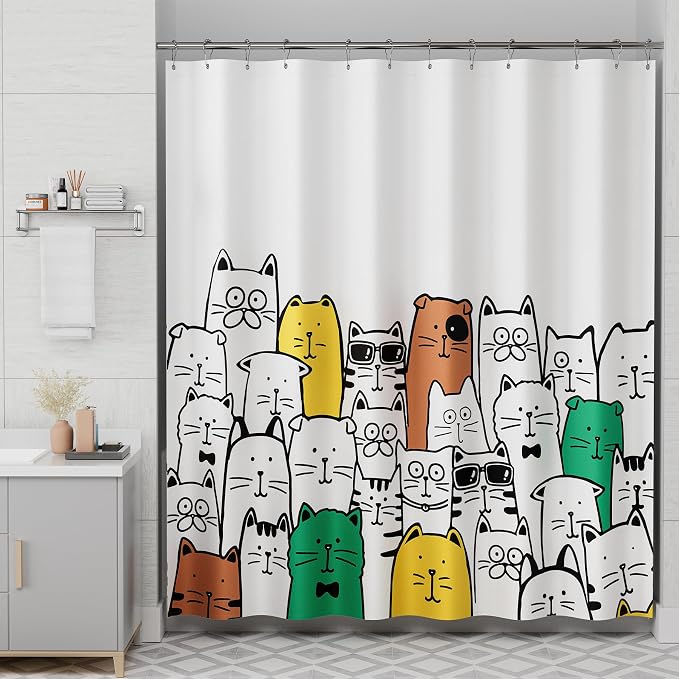 AmazerBath Shower Curtain, Washable Cute Kitty Carnival Cloth Shower Curtain Set - Image 9