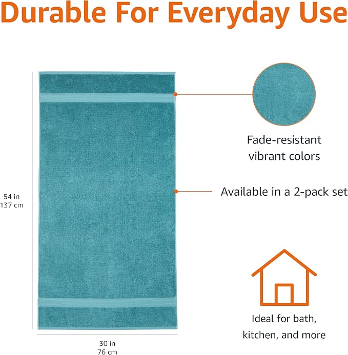 Amazon Basics Fade-Resistant 100% Cotton Bath Towel, Teal Green - Image 3