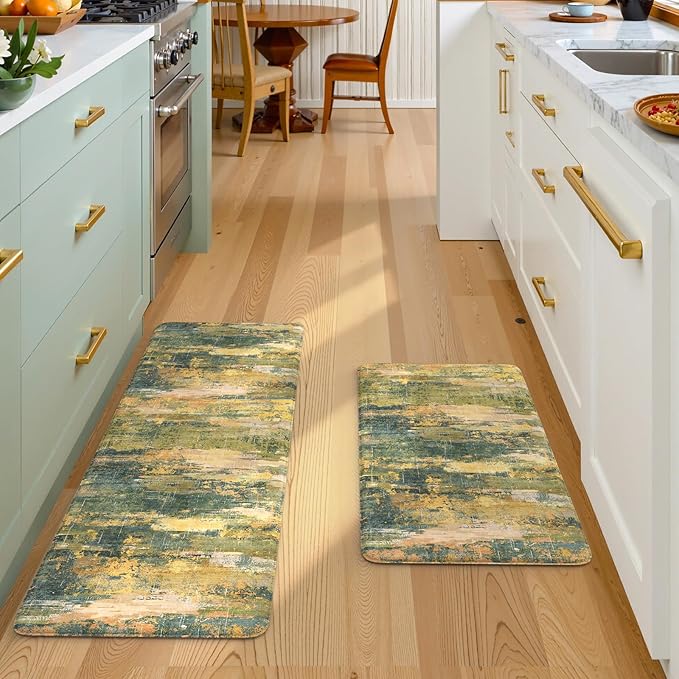 Collive Anti Fatigue Kitchen Rugs Sets of 2, Abstract Non Slip Waterproof Kitchen Mat Modern Runner Rug, Ergonomic Comfort Desk Rugs for Floor, 17"x59"+17"x29" Green/Yellow