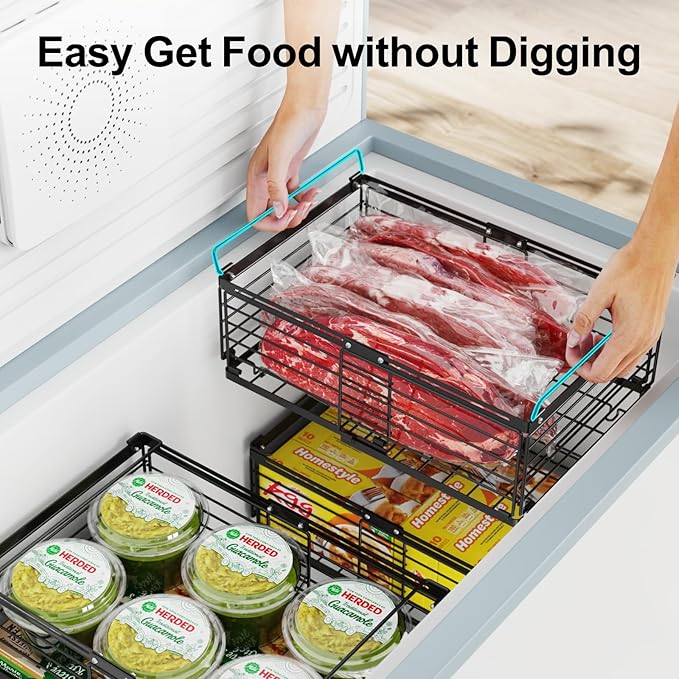 iSPECLE 8 Pack Freezer Organizer Bins, Adjustable Wire Baskets for 10 to 20 Cu.Ft Chest Freezer, Stackable Storage with Handles, Deep Freeze Organizer for Meat & Vegetables, Black